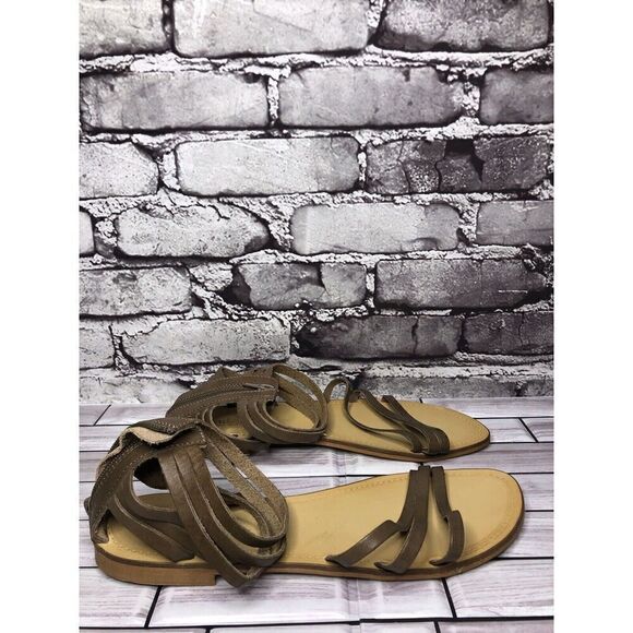 Sundance Olive Leather Open Strap Back Zip Flats Sandals Women Sz 41EU/10.5M US - Picture 5 of 16